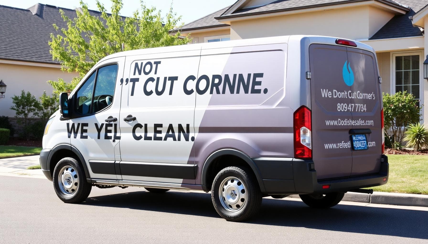 Branded cleaning service van with logo and slogan