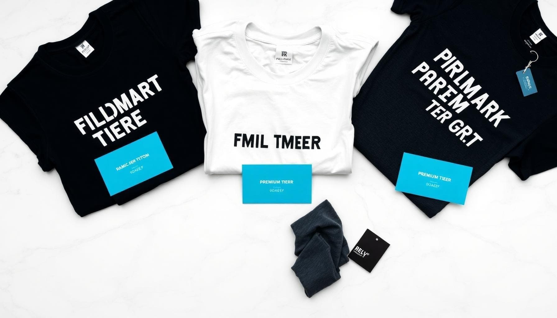 Flatlay of various branded t-shirts — company apparel options for custom printing