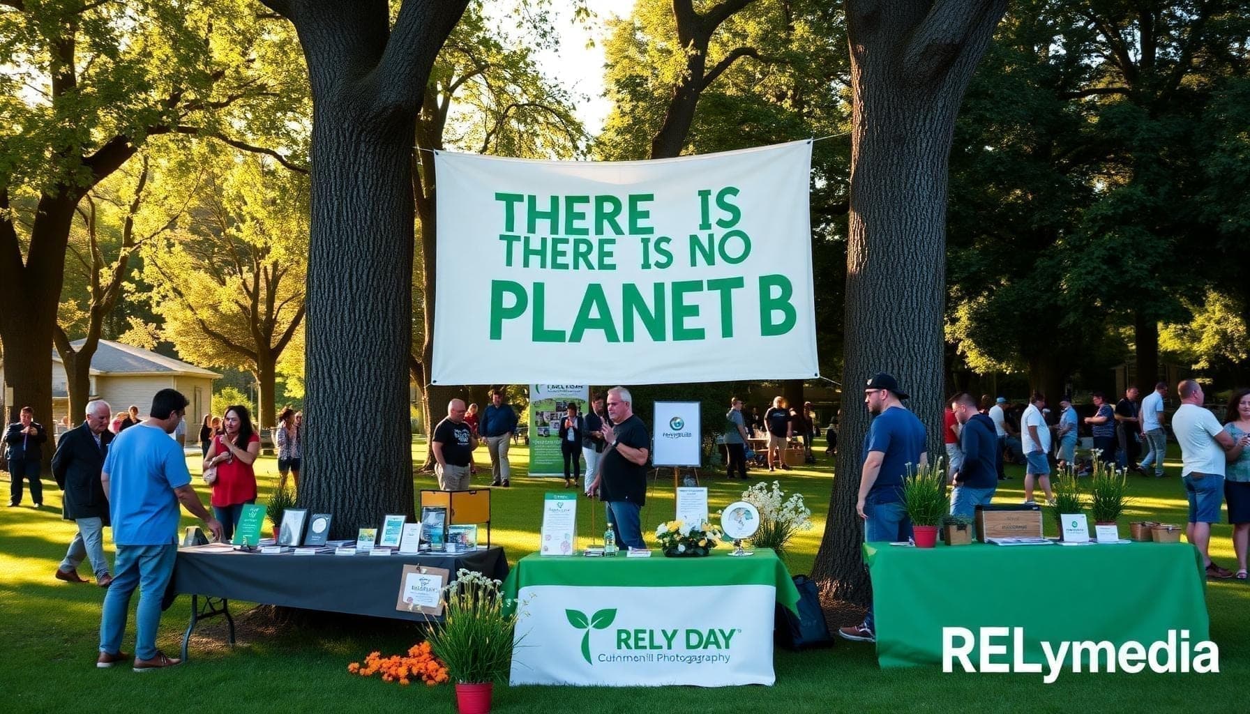 Environmental group with eco-friendly branded merchandise and Earth Day signs