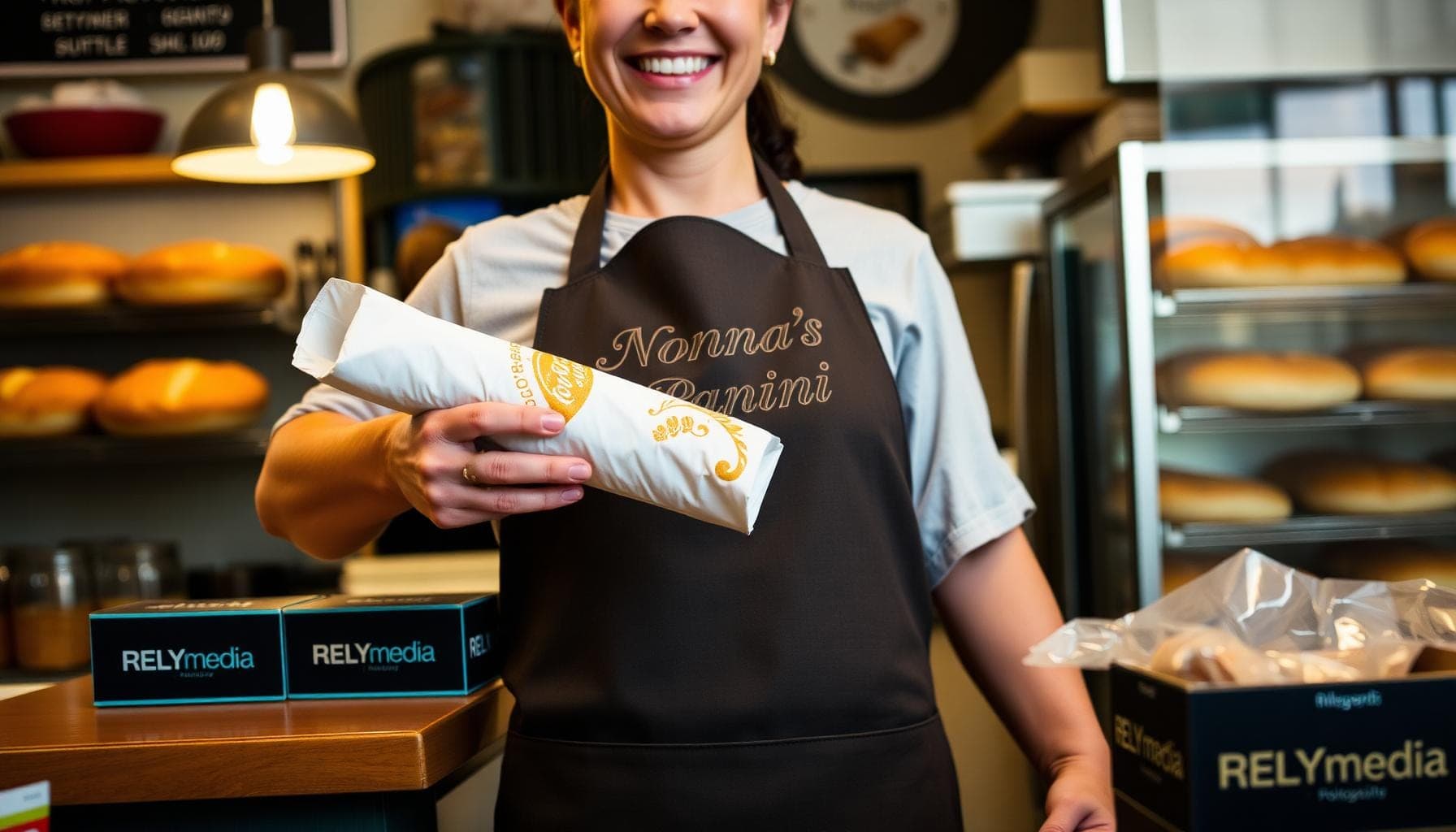 Sandwich shop owner with branded apron and packaging