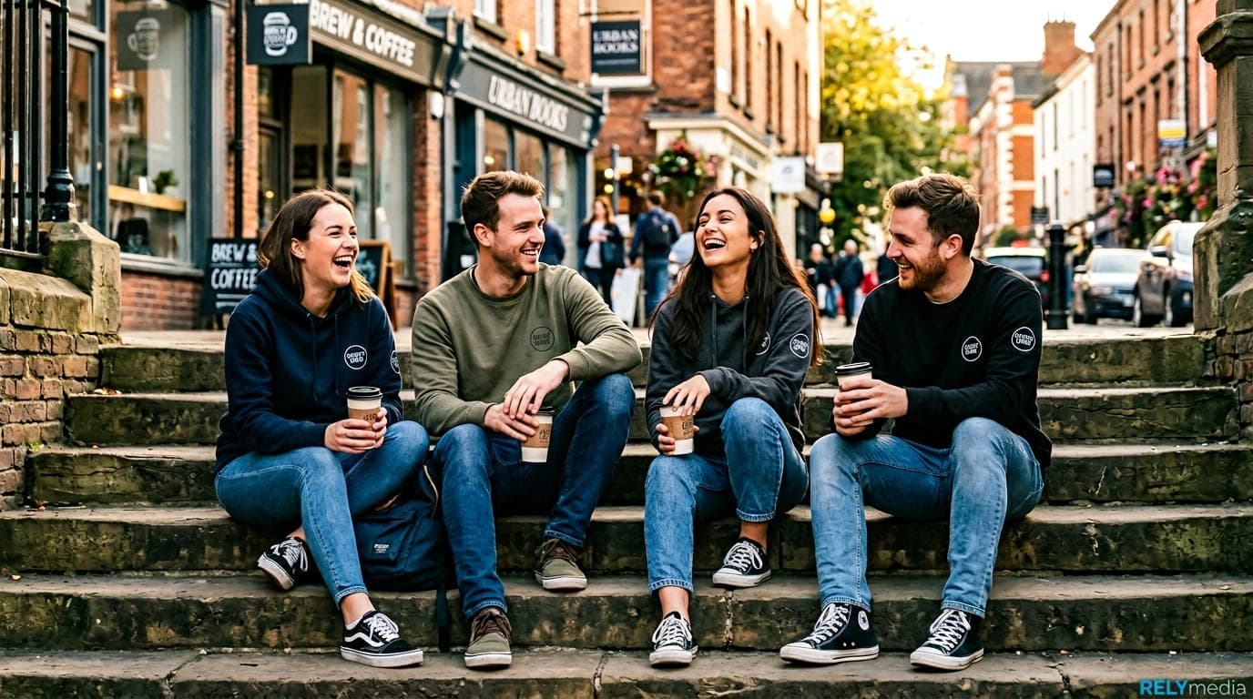 Four friends laughing together