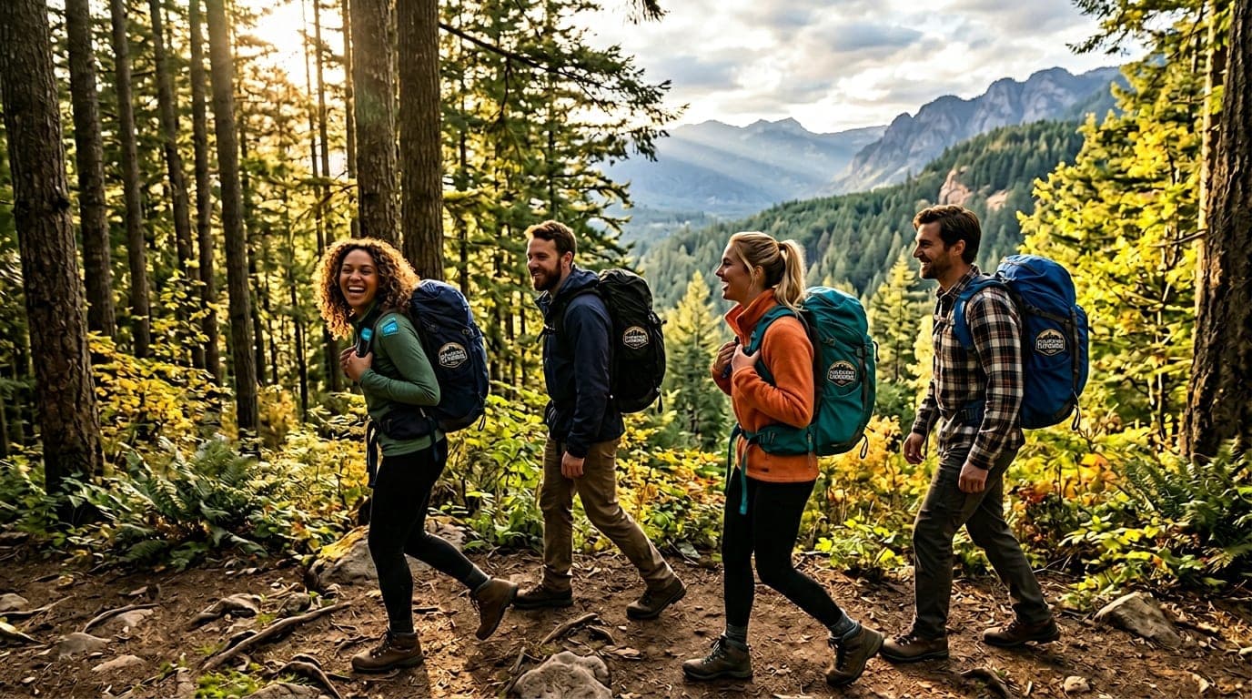 Four friends hiking together