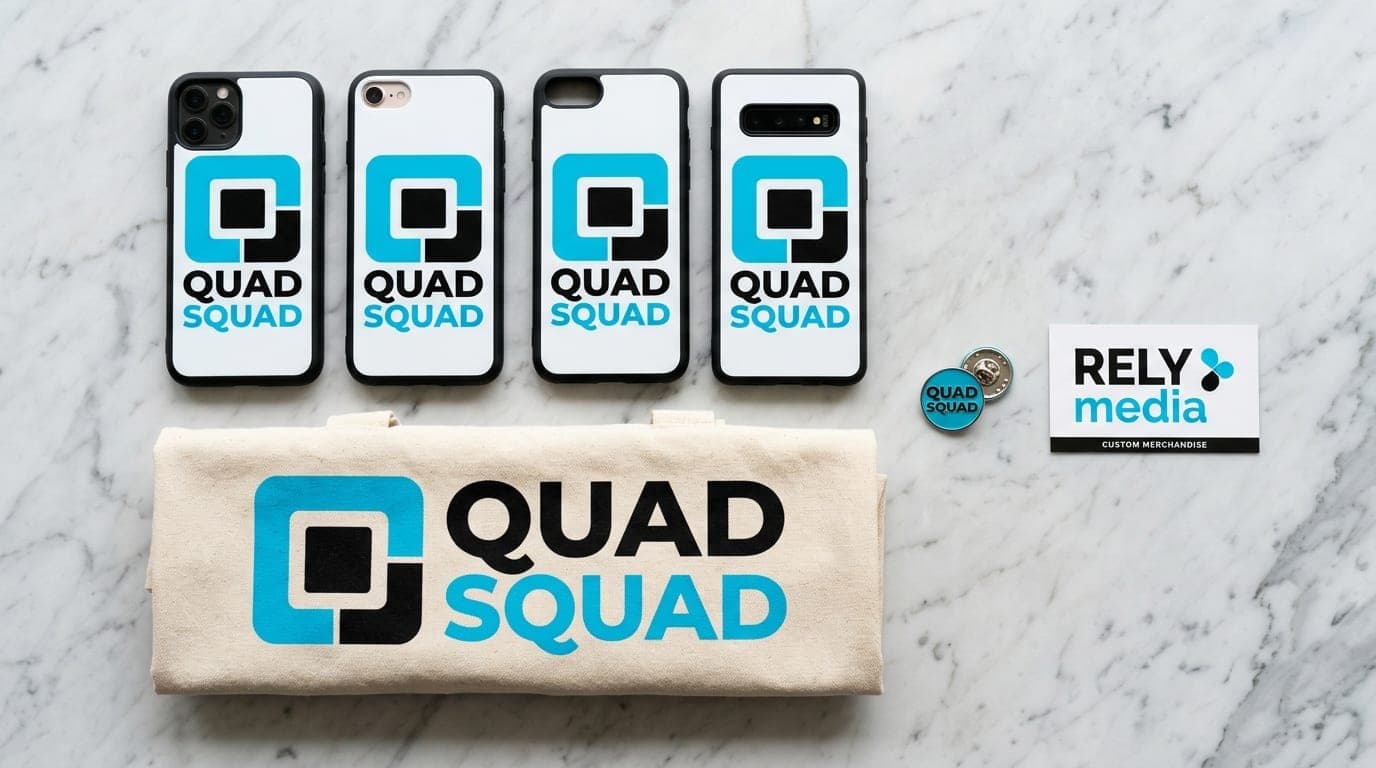 Four friends showing off matching merch