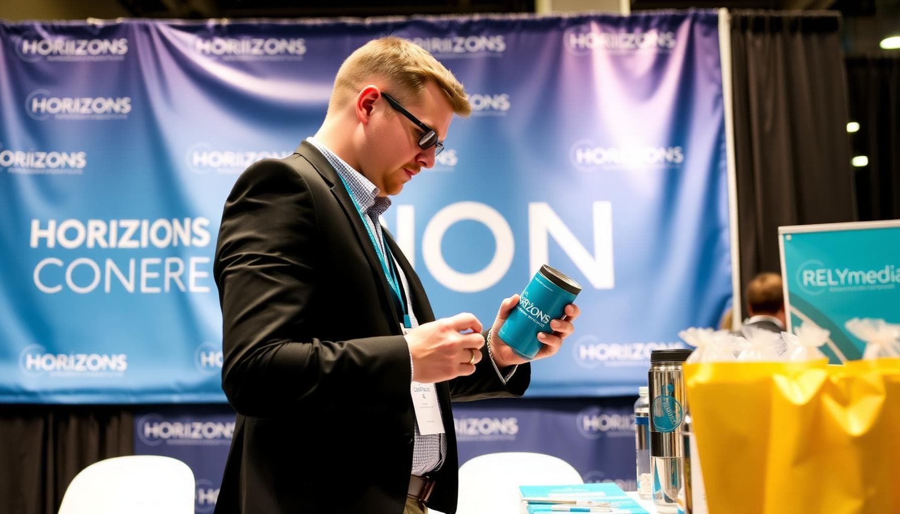 Classic conference swag — branded drinkware, totes, and notebooks