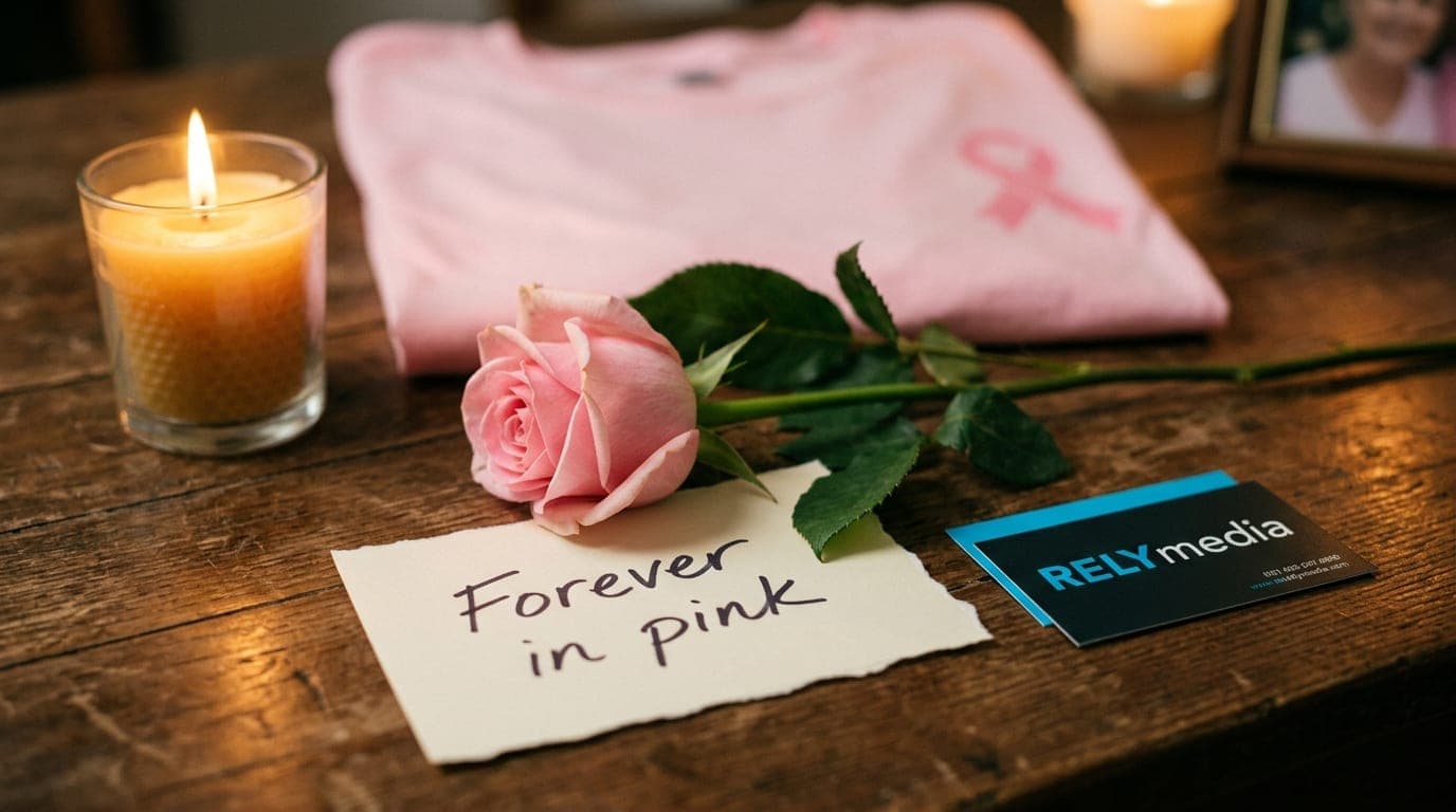 Breast cancer memorial tribute with pink ribbons