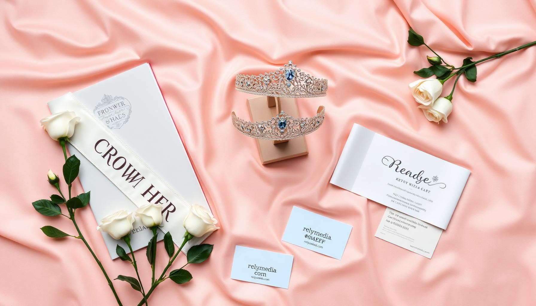 Beauty pageant accessories flatlay including crown and sash