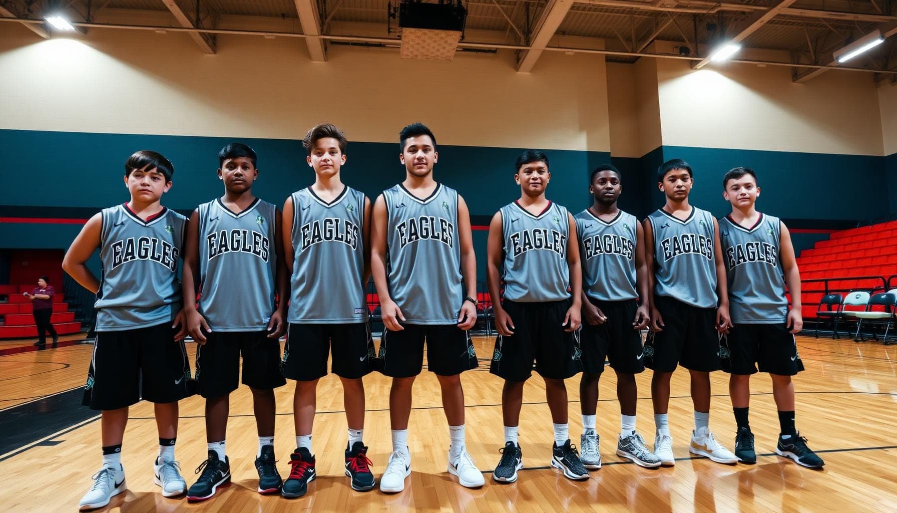 Team players wearing custom jerseys with bold typography