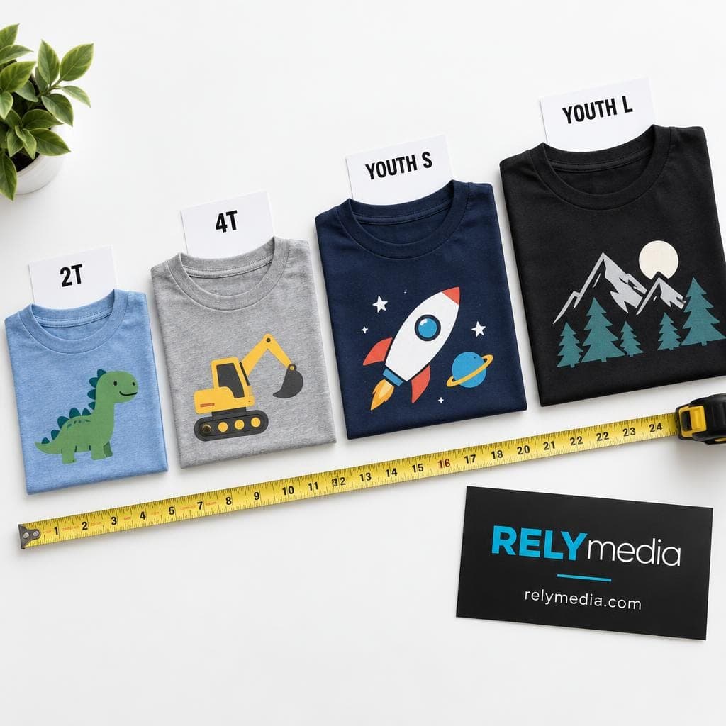 Flat lay comparing kids apparel sizes and fabrics