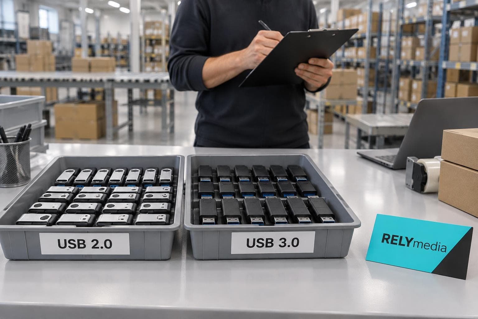 Trays of flash drives ready for order fulfillment