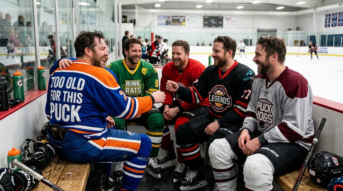 Beer league hockey team celebrating after a game