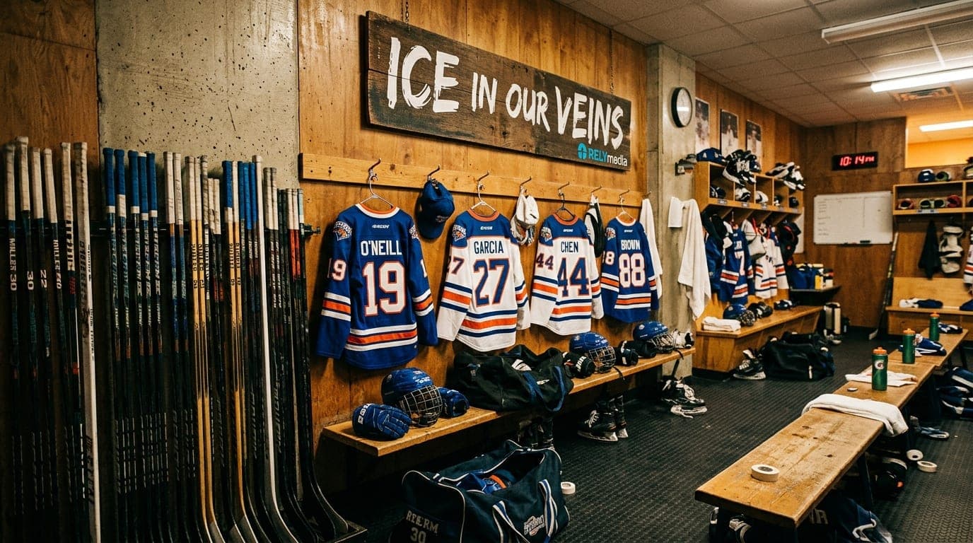 Hockey locker room with jerseys hanging before a game