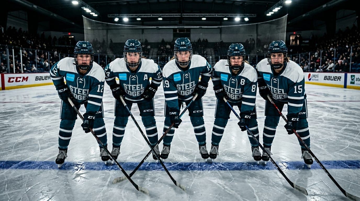 Women's hockey team celebrating a victory on the ice