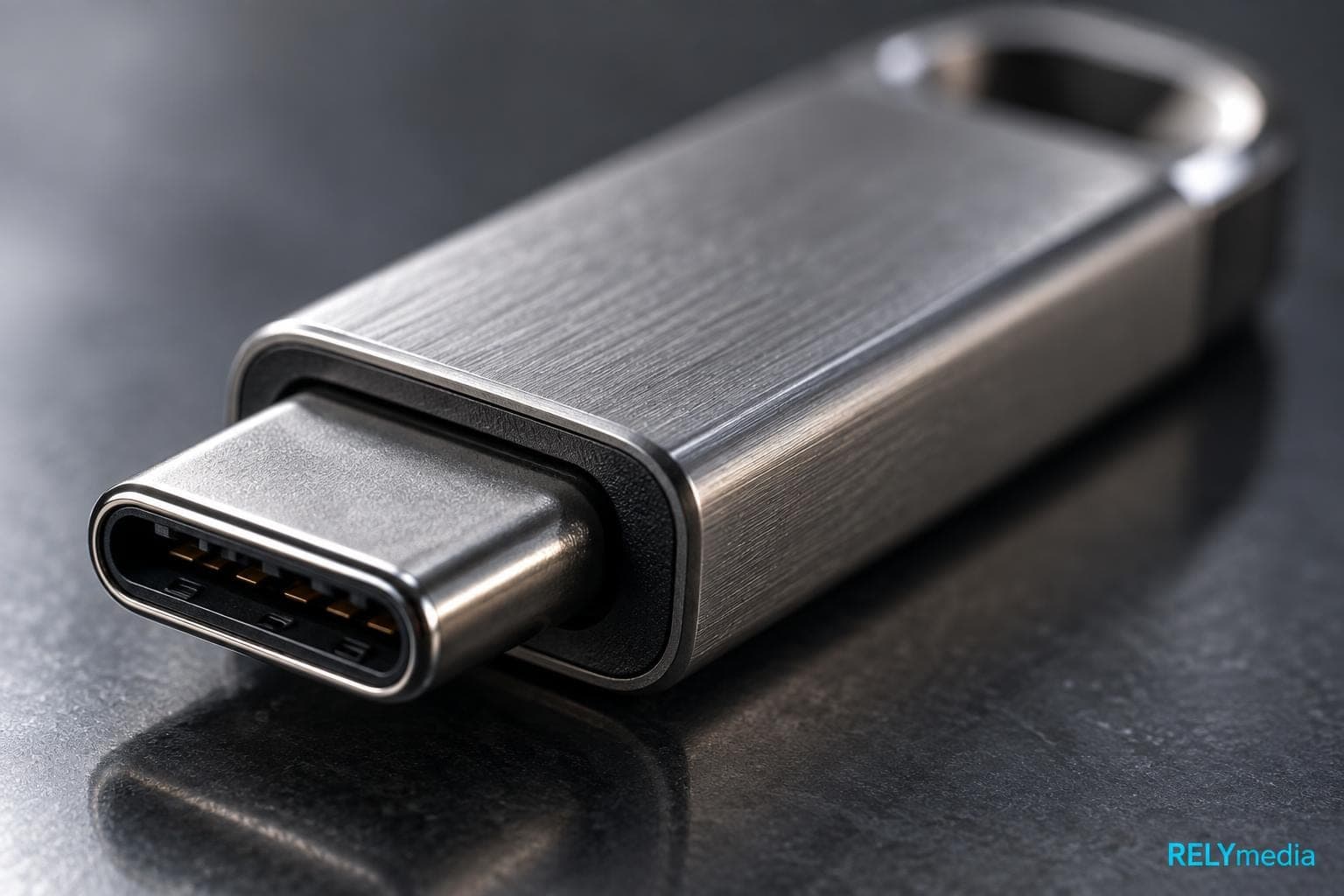 Close-up of a metal USB-C flash drive connector