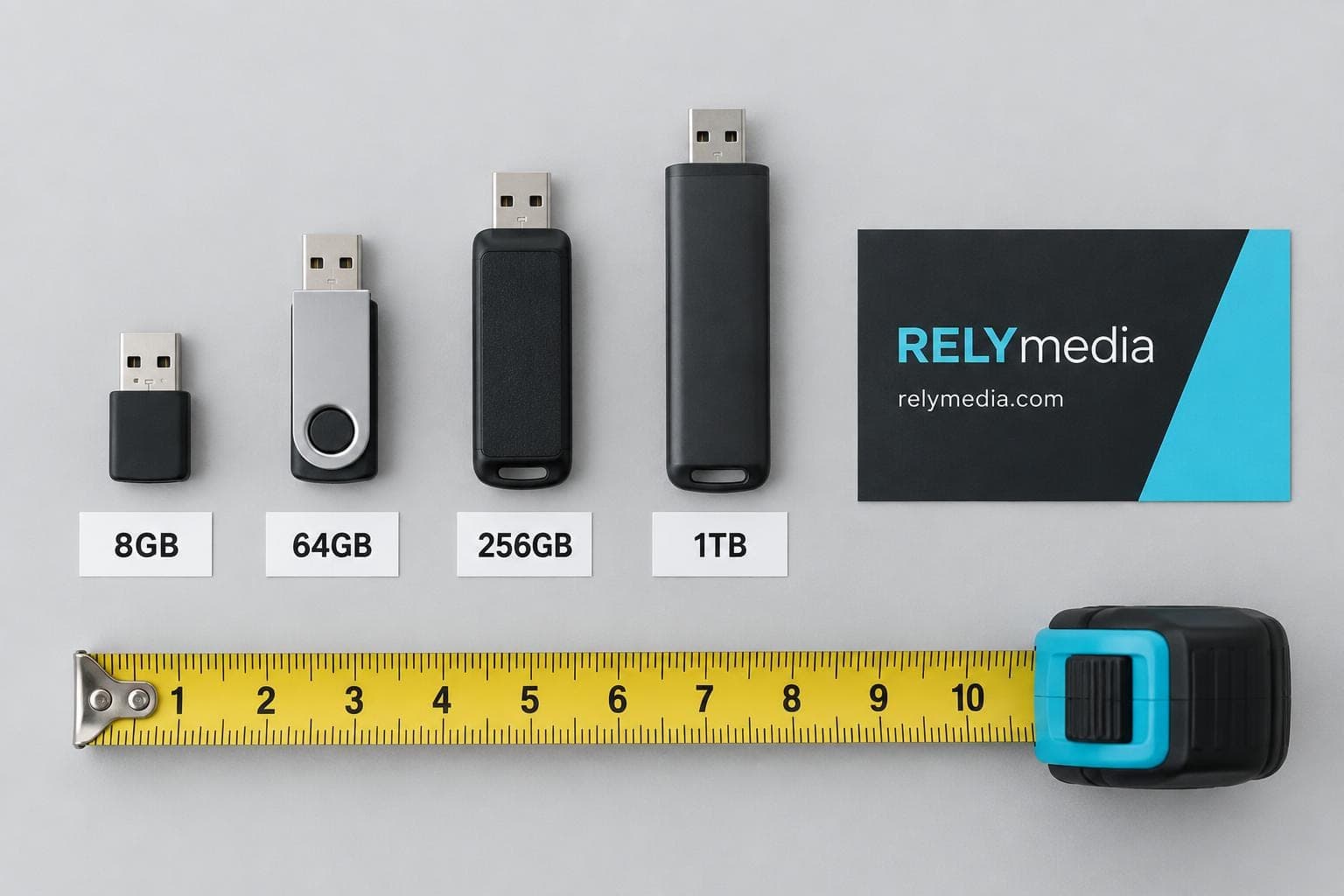 Flash drives of different capacities laid out side by side
