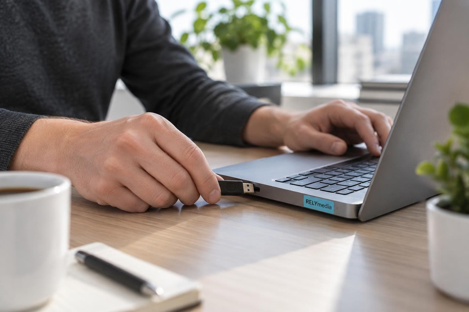 Person plugging a flash drive into a laptop