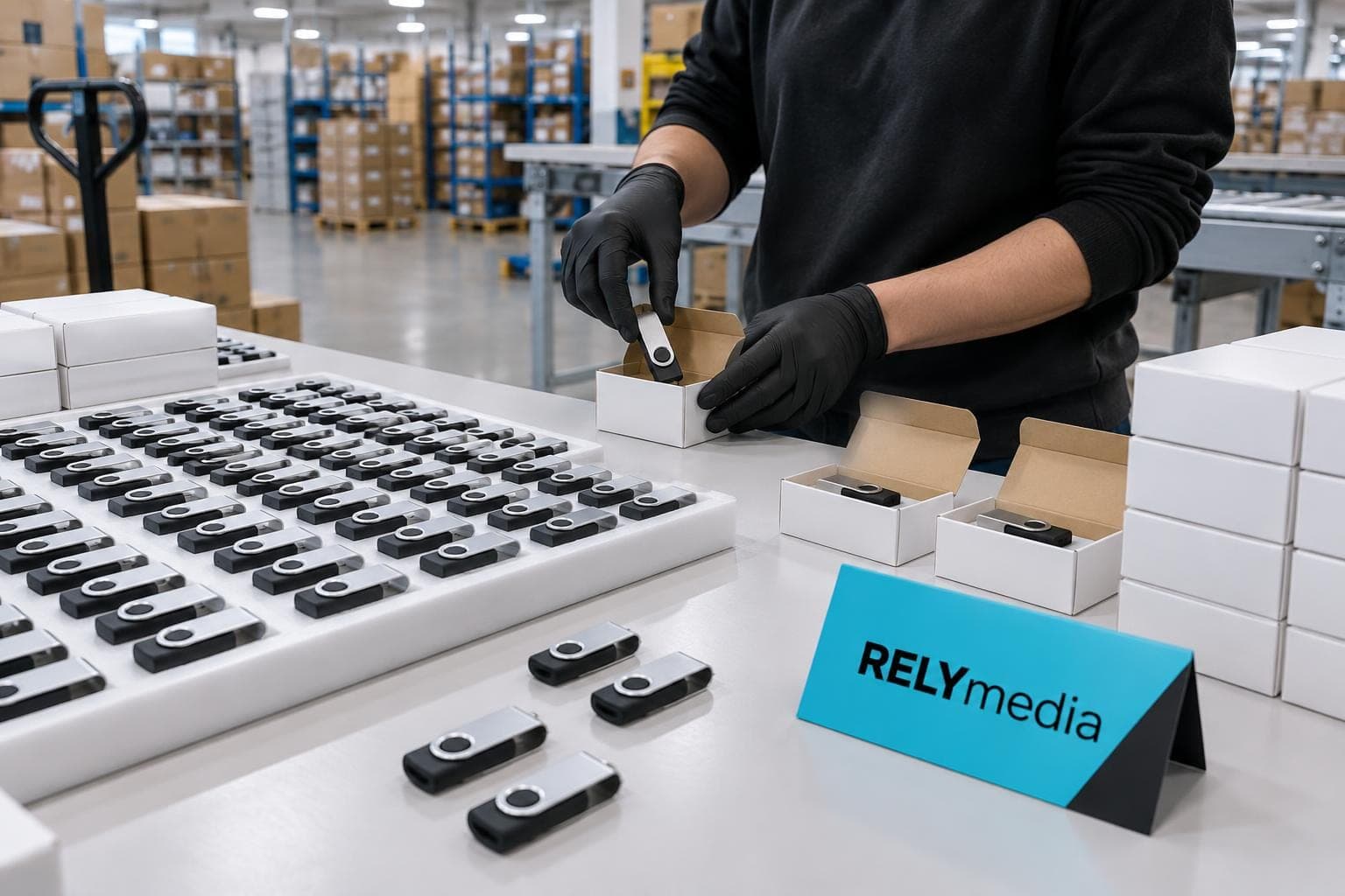 Branded flash drives being packed for shipment