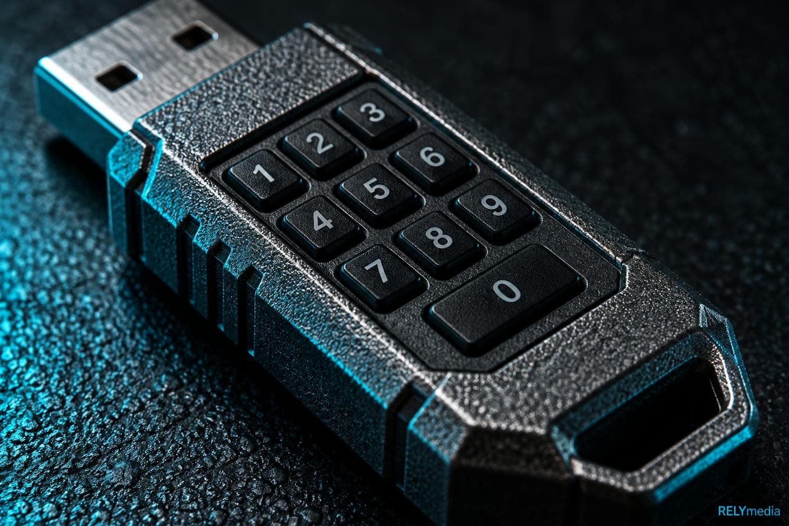 Close-up of a keypad on an encrypted USB drive