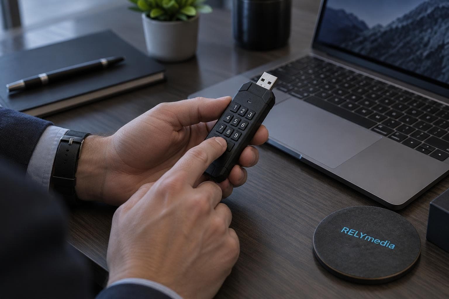 Person entering a PIN code on a secure drive