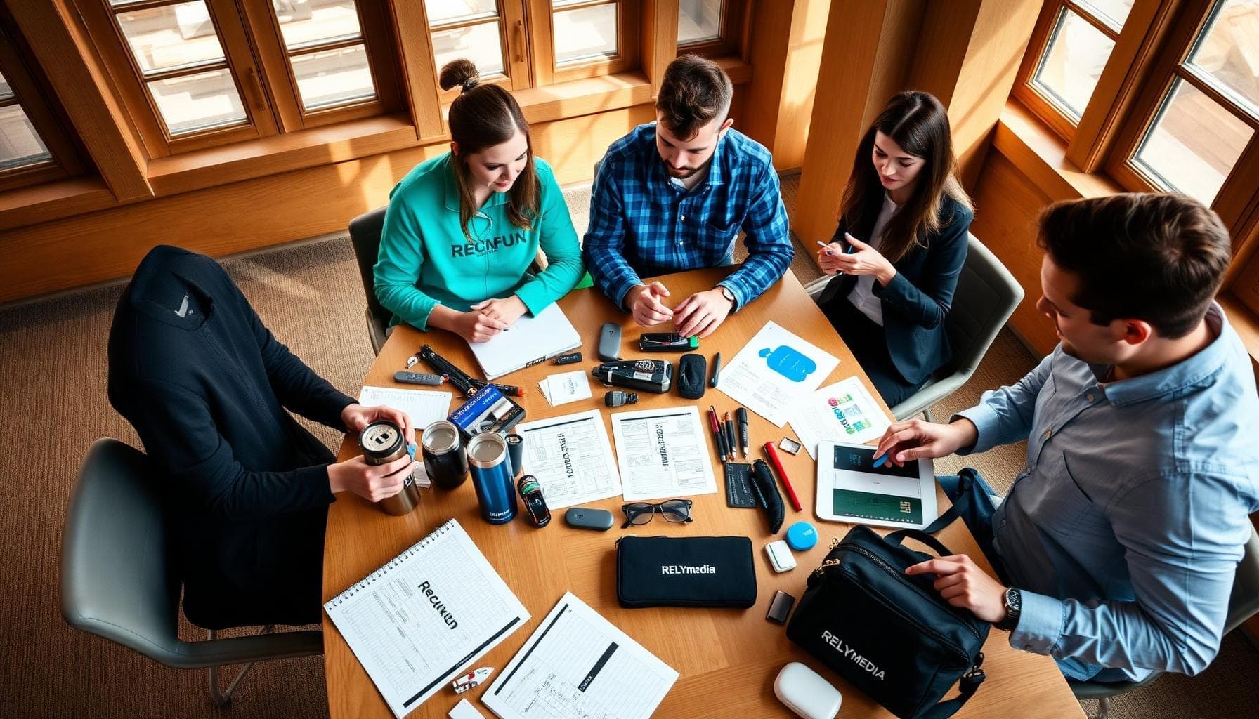 Classic custom promotional products — branded drinkware and apparel