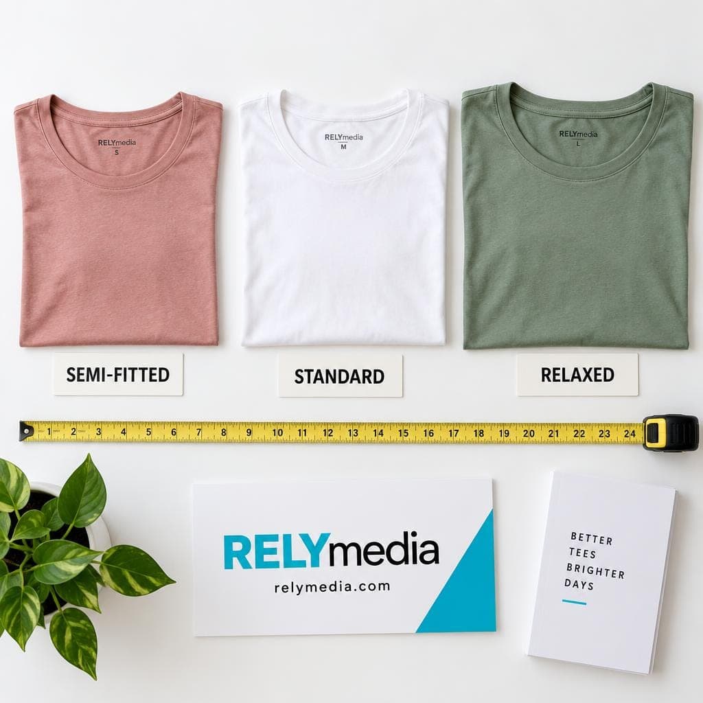 Flat lay comparing semi-fitted, standard and relaxed women's t-shirt fits