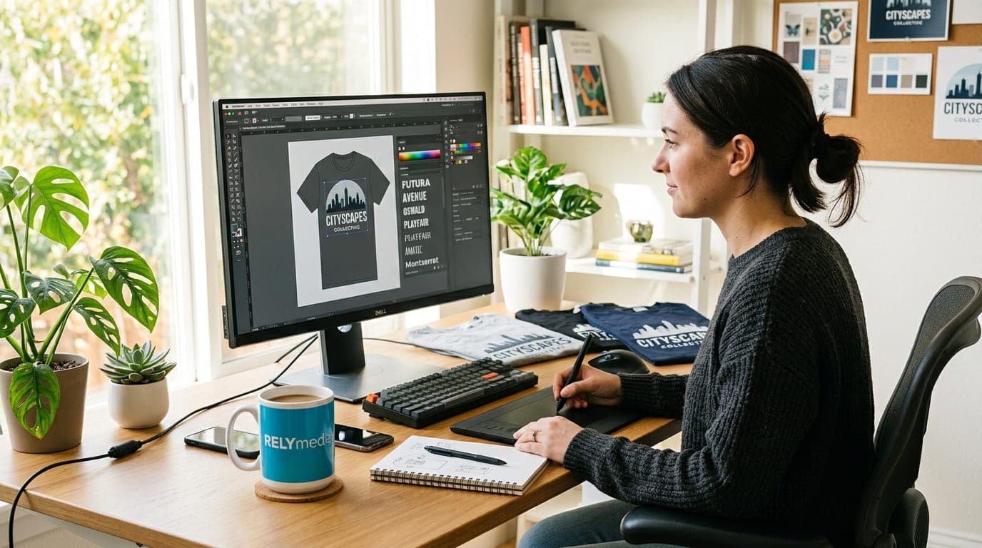 Designer's desk with font samples and t-shirt design mockups
