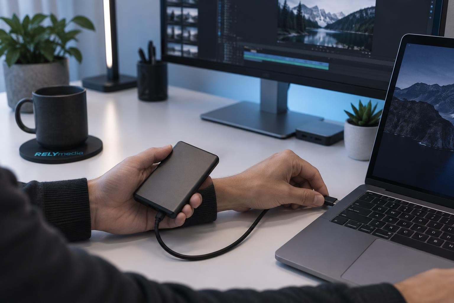 Person connecting an external SSD to a laptop