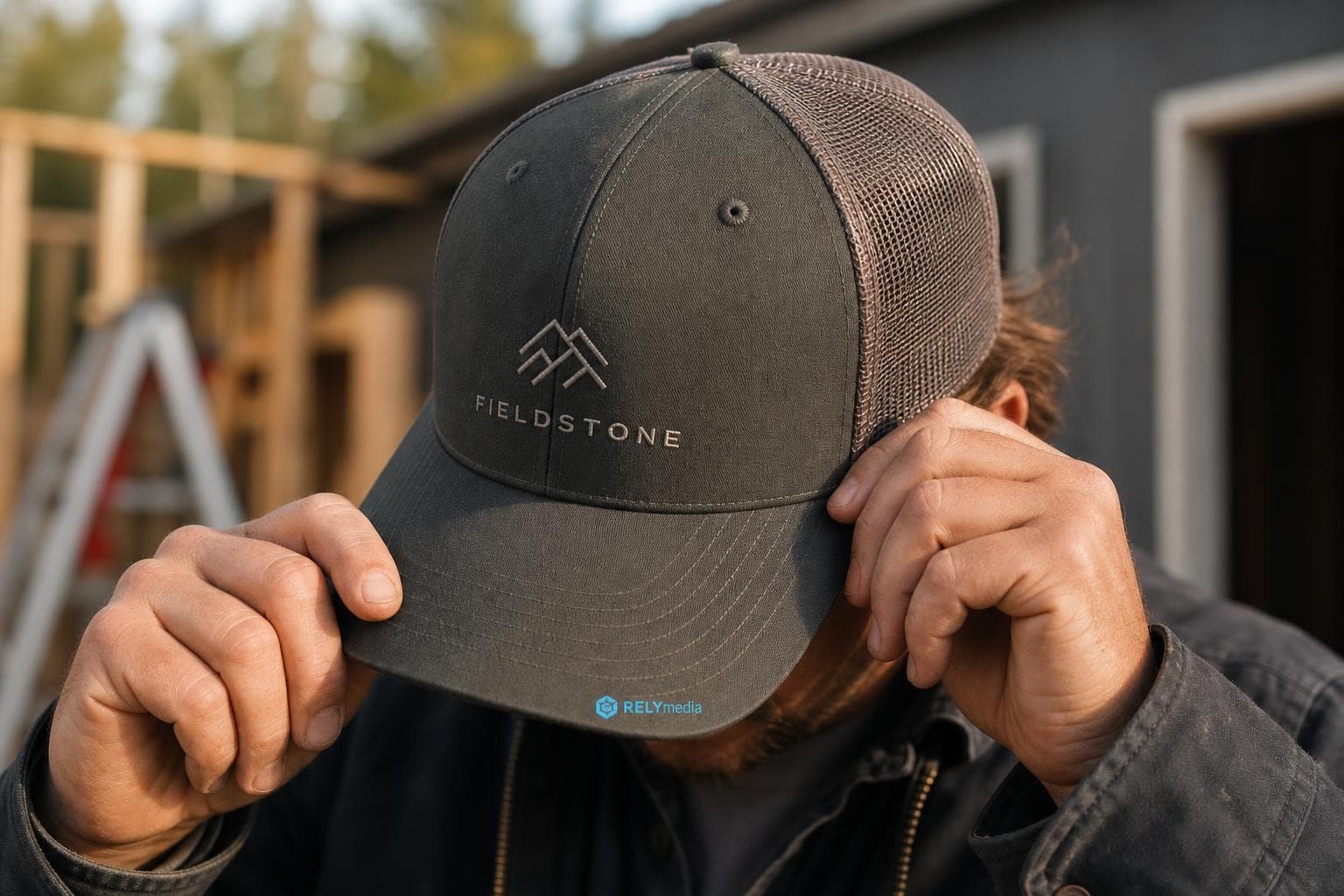 Trucker hat with a mesh back worn outdoors