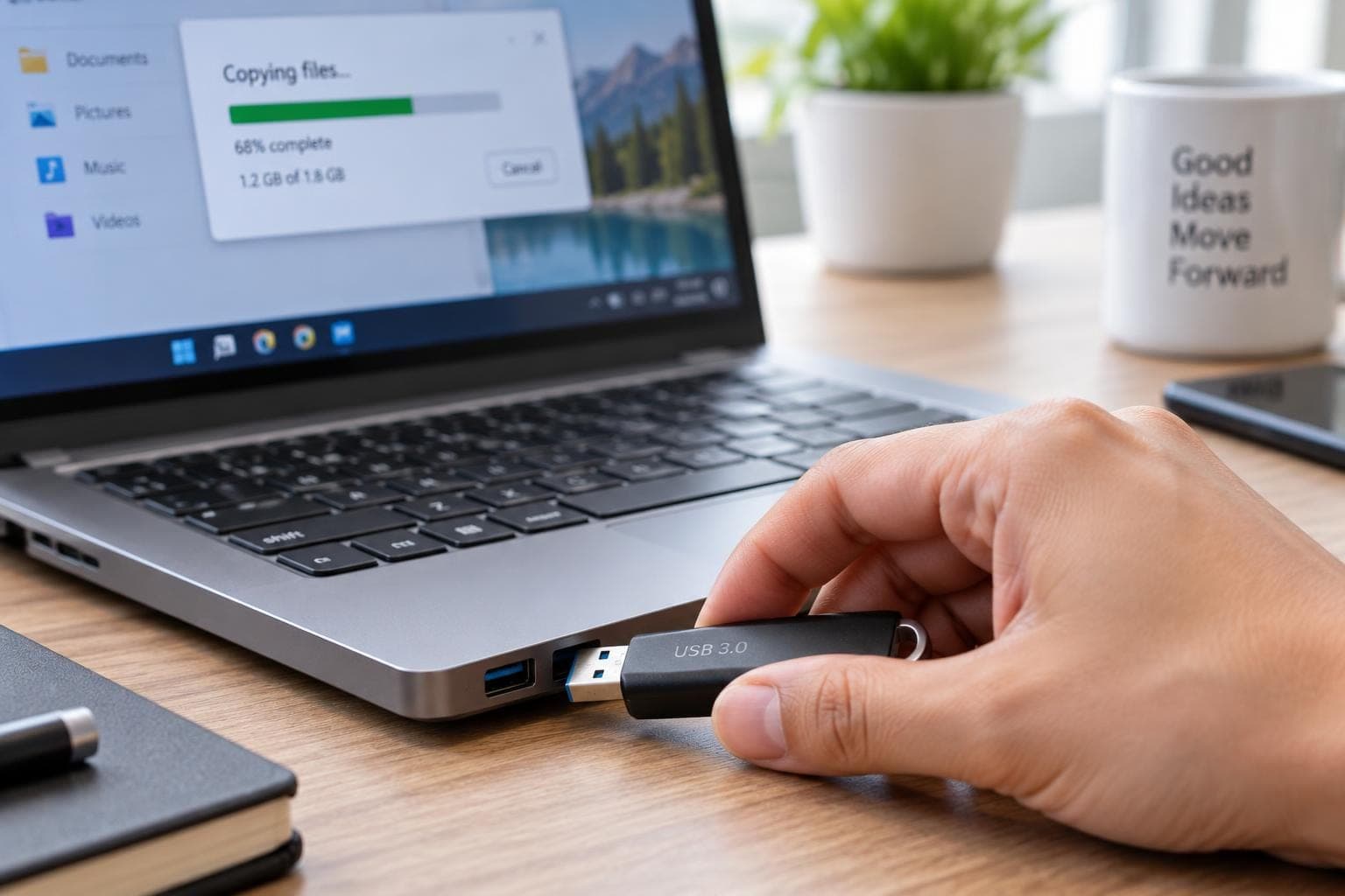 Plugging a USB flash drive into a laptop port