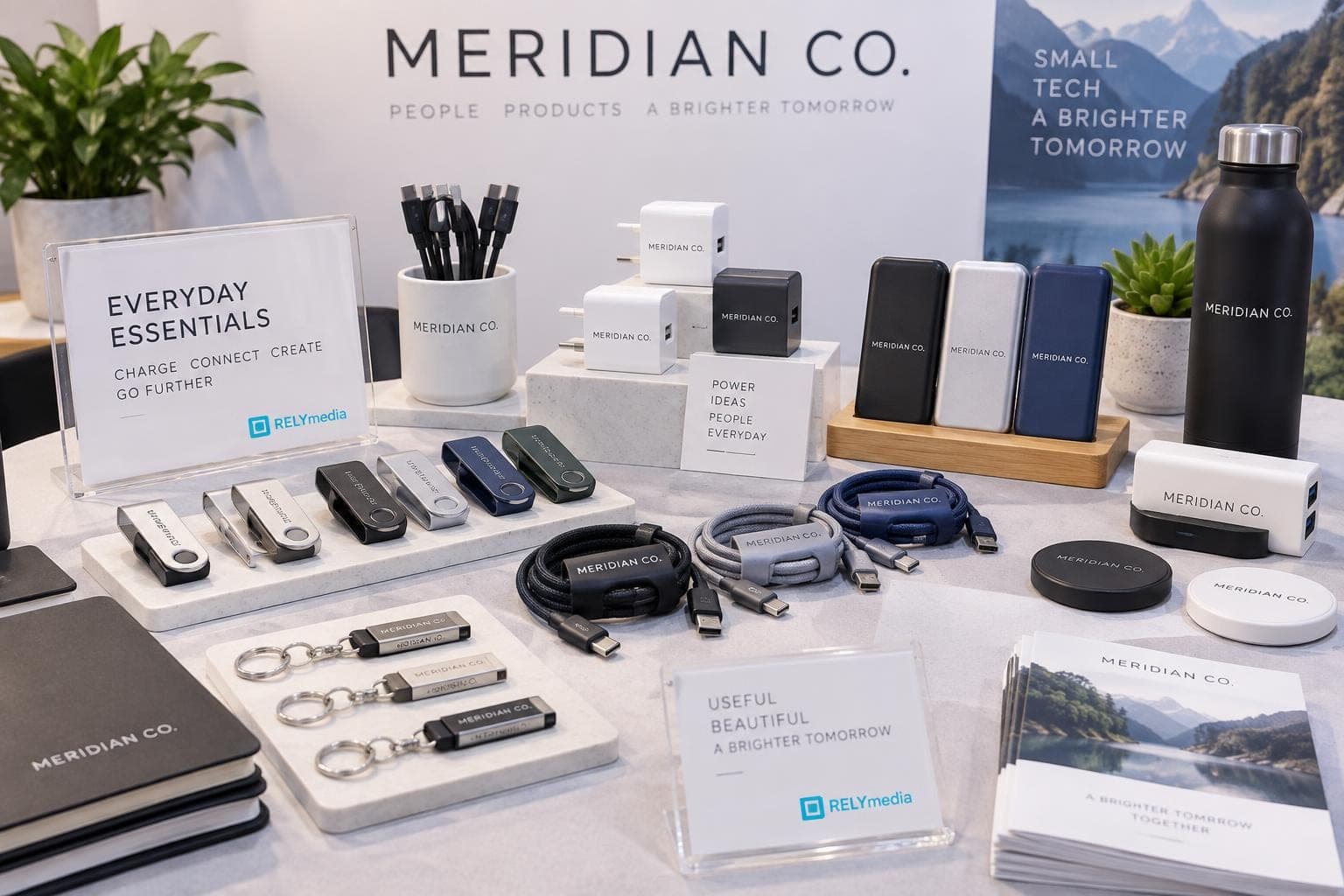 Display of branded tech accessories and USB drives