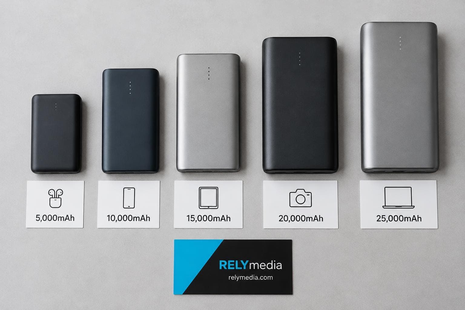 Flat lay of power banks in different sizes