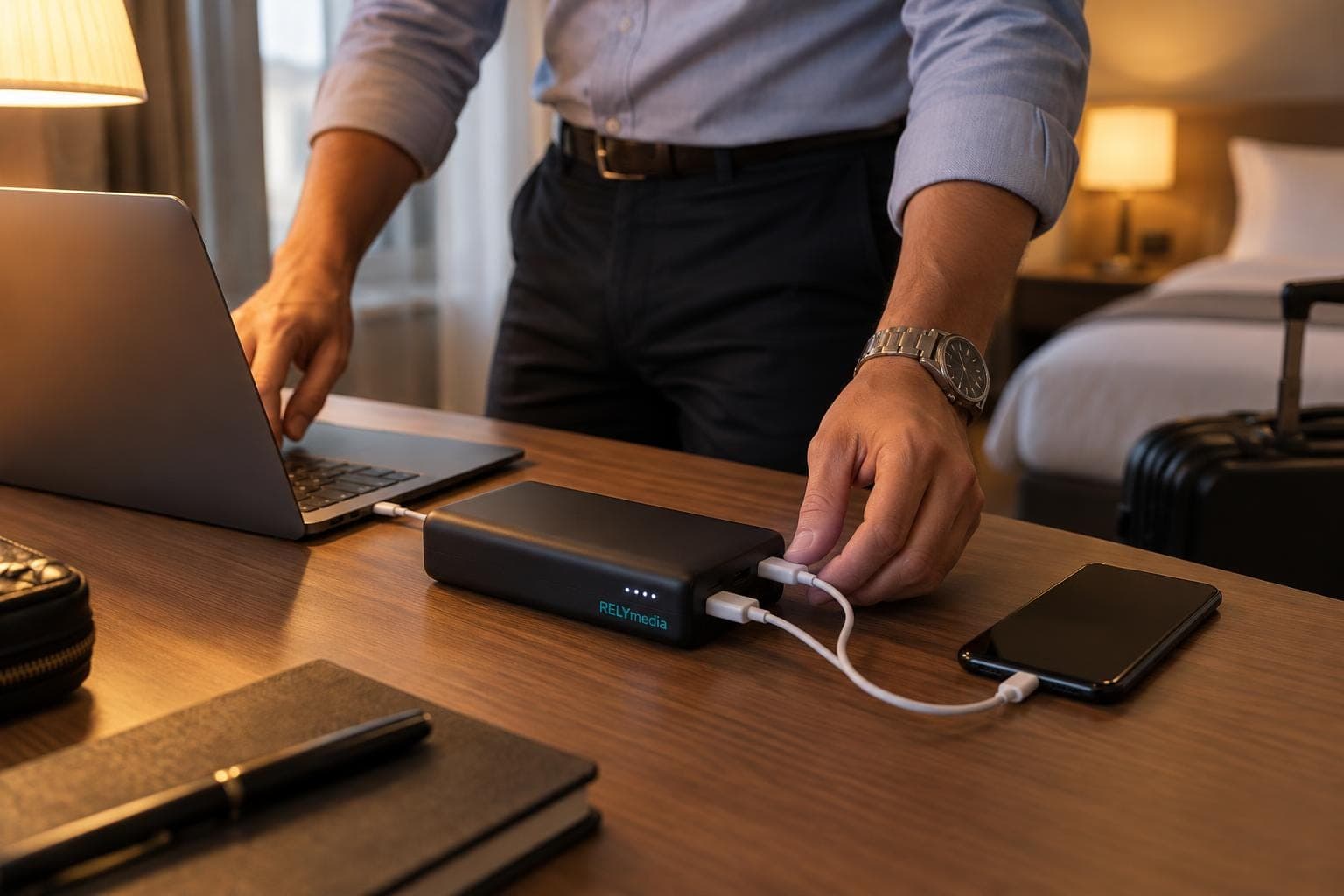 Phone charging from a power bank in a hotel room