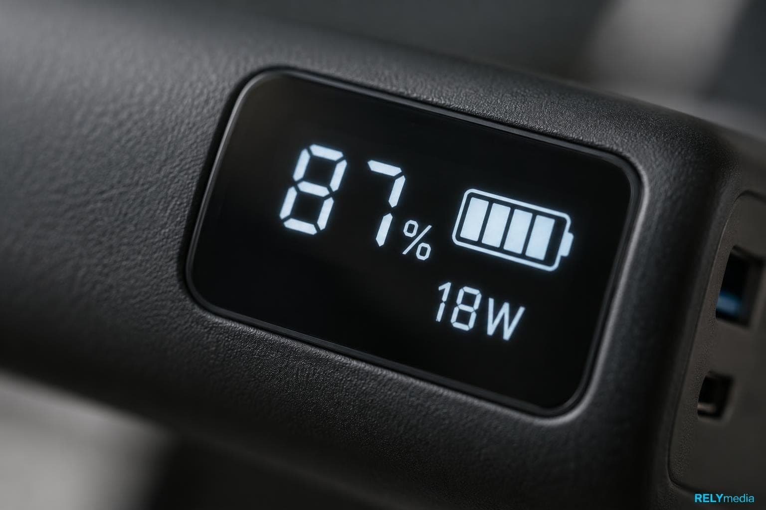 Close-up of a power bank's capacity display