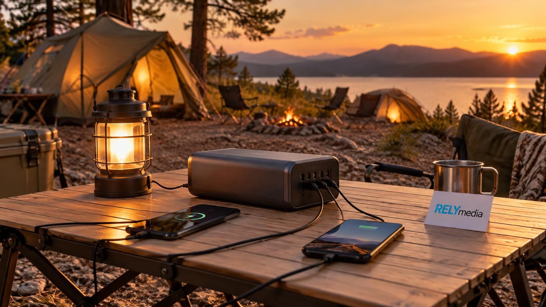 Campsite with a power bank charging devices