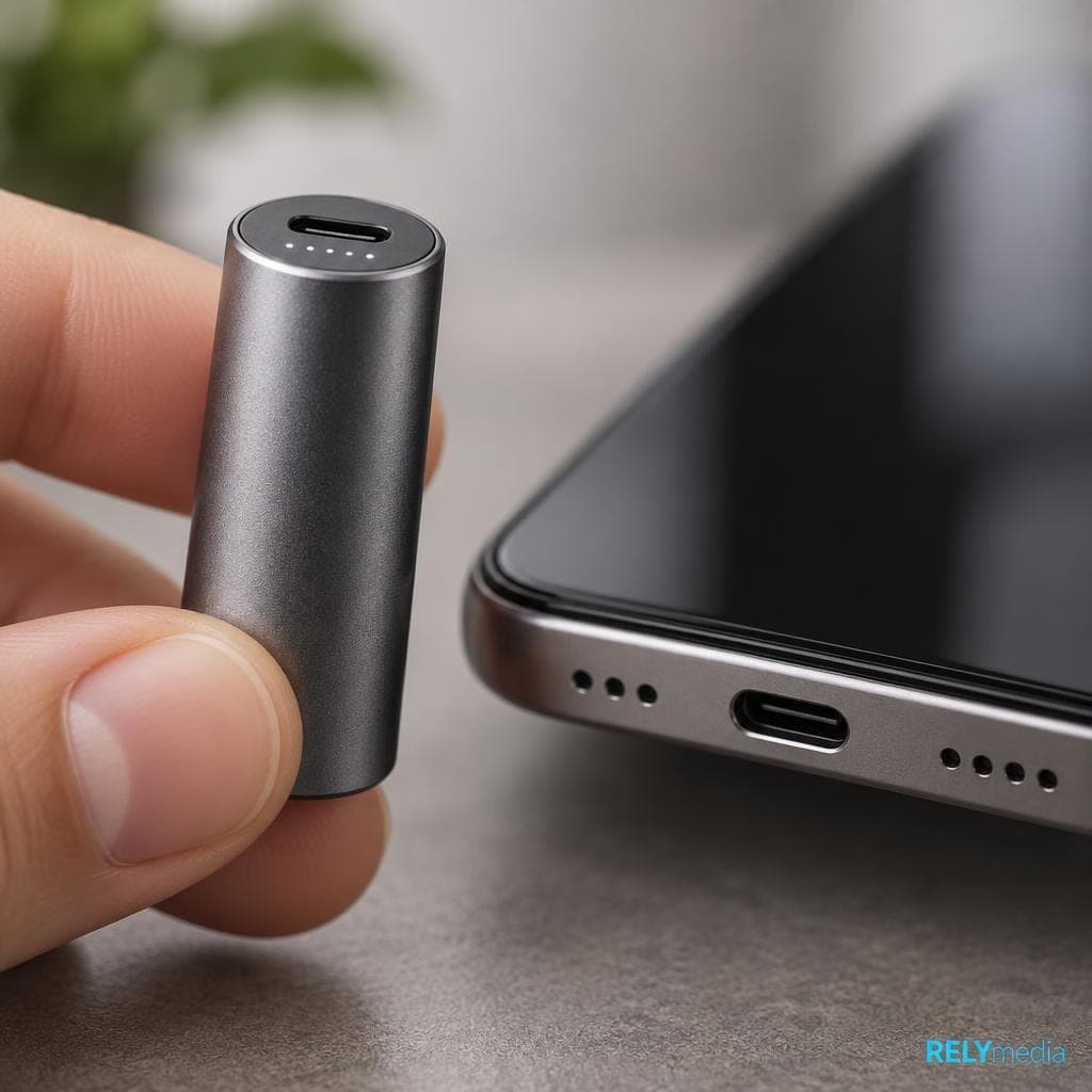 Close-up of a lipstick-sized mini power bank