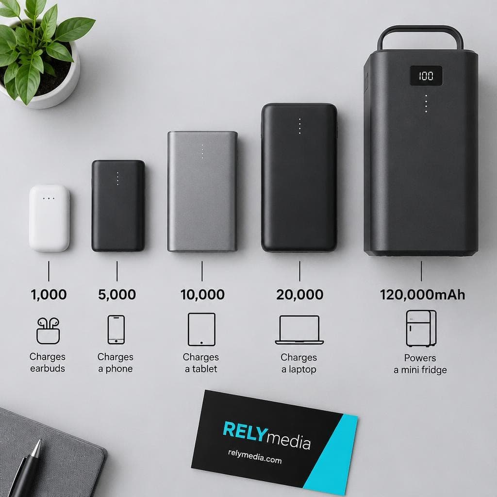 Flat lay of power banks arranged from small to large