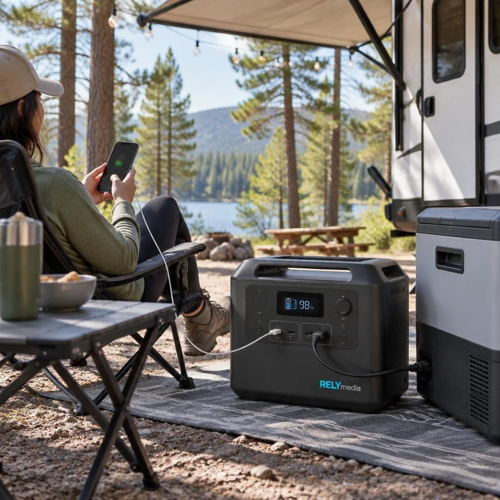 Portable power station running gear at a campsite