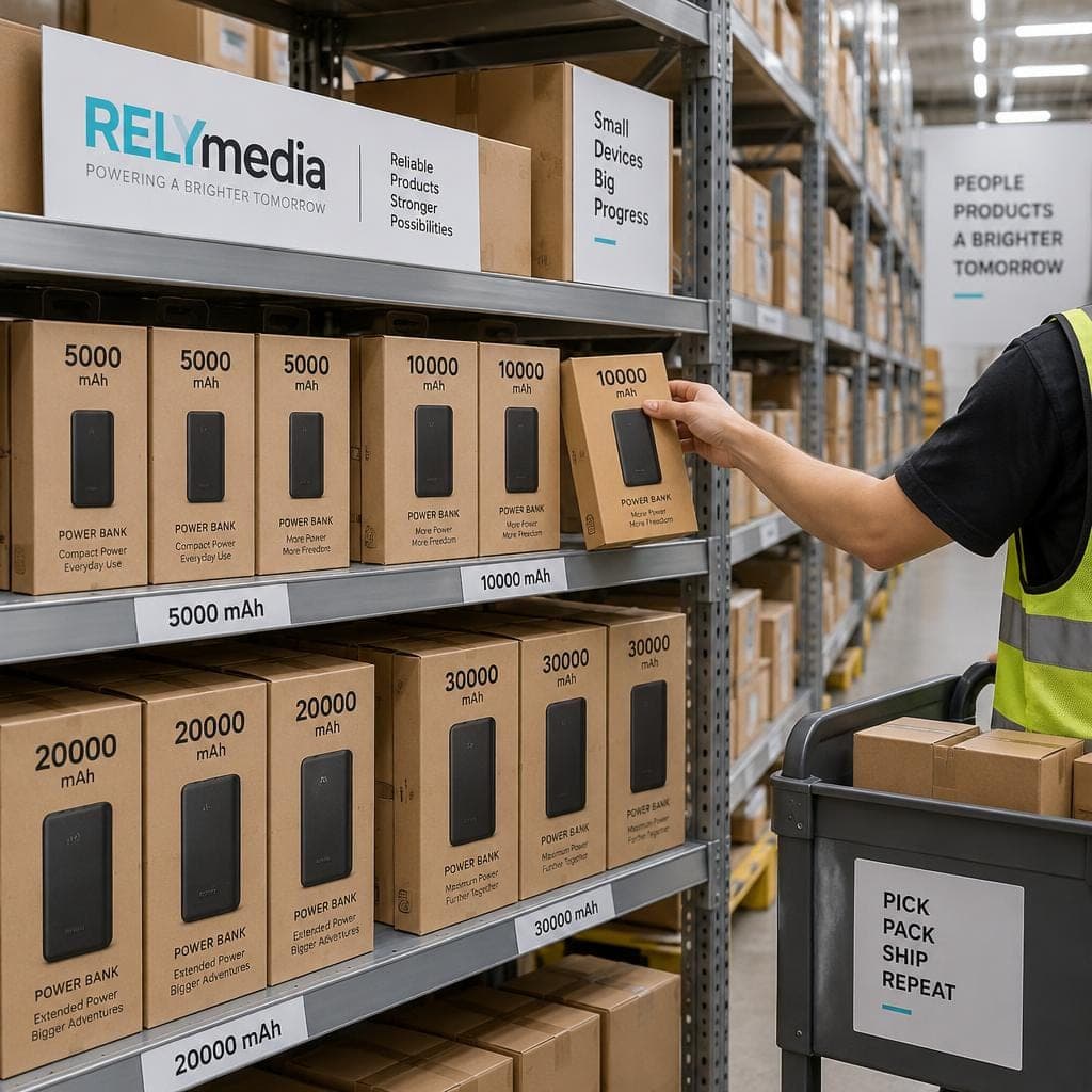 Warehouse shelves stocked with boxed power banks
