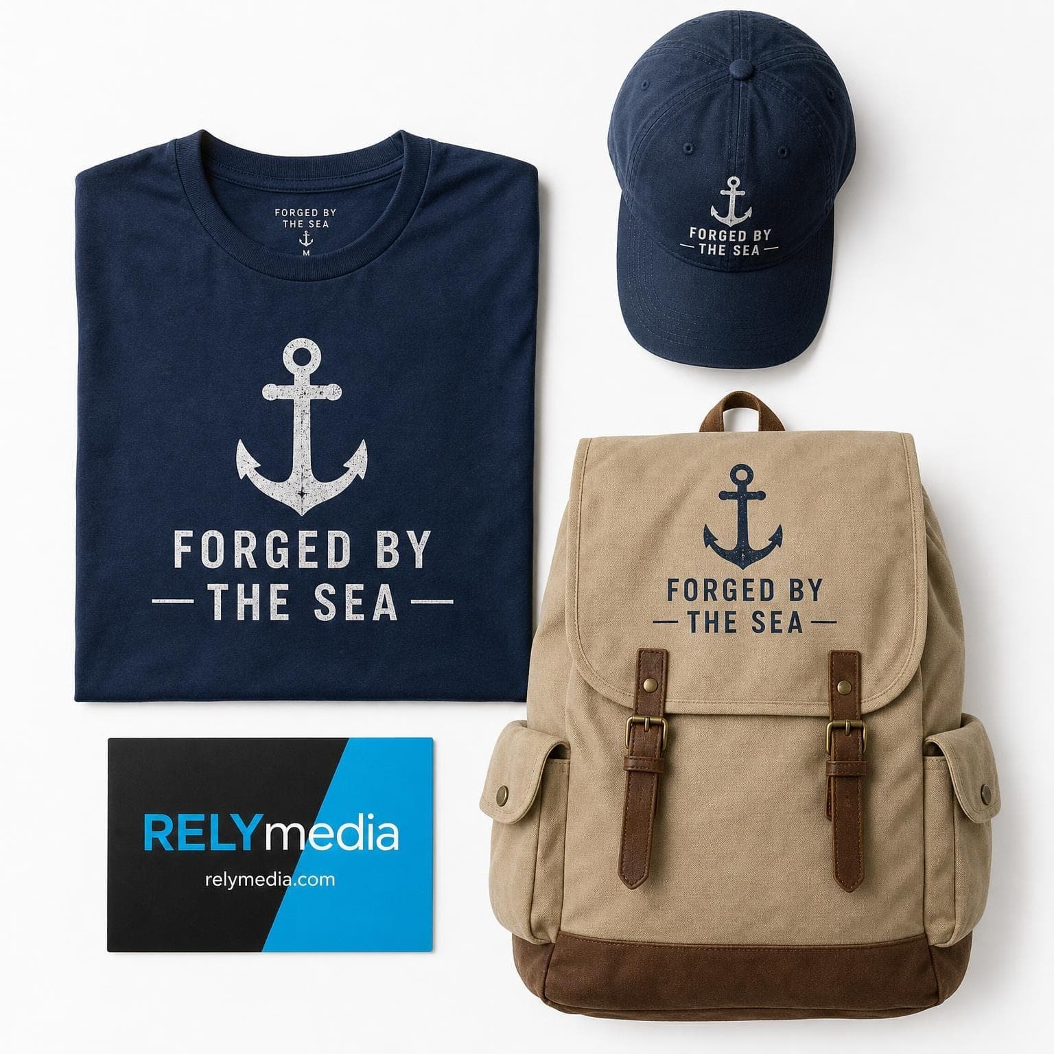 Flat lay comparison of custom Navy shirts, hats and hoodies