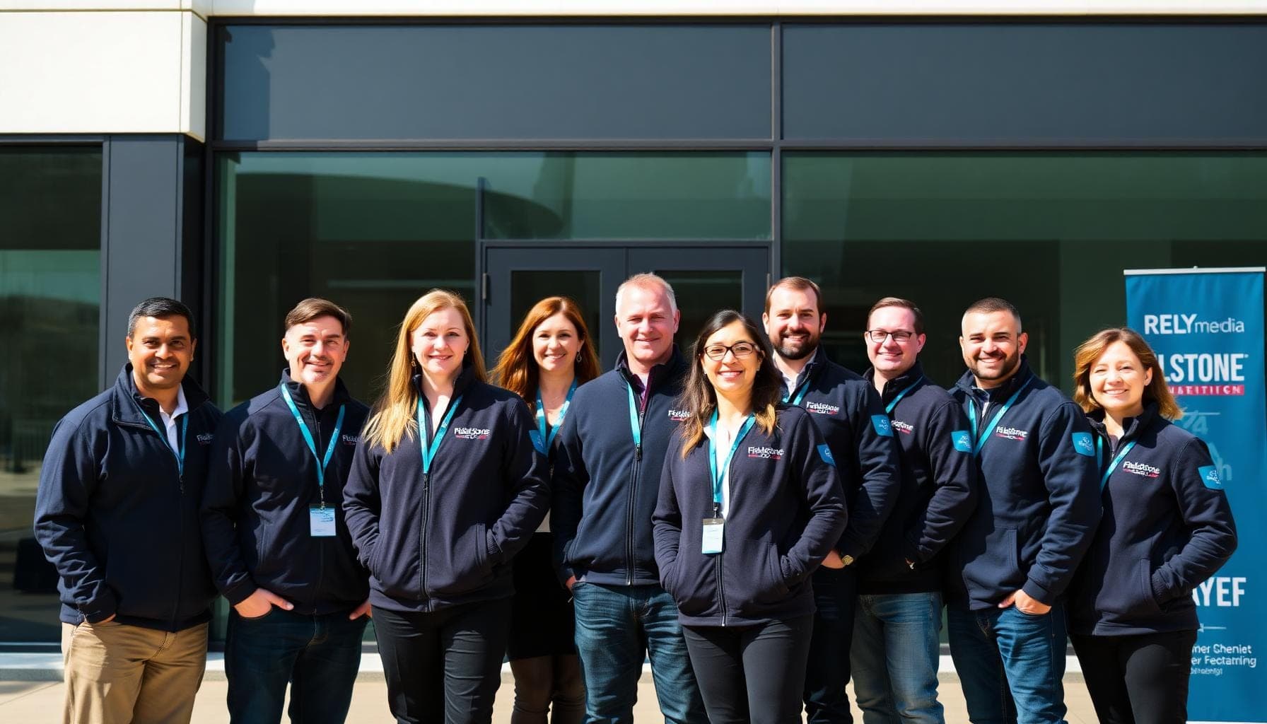 Team wearing branded corporate jackets — professional outerwear for corporate giveaways