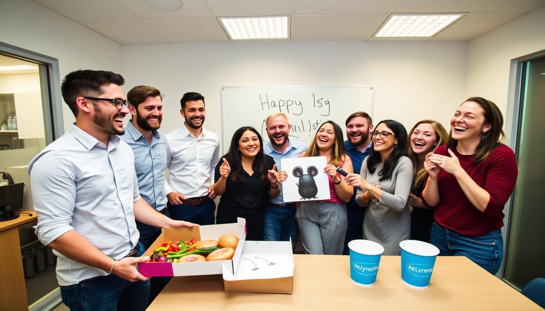 Remote team laughing during virtual April Fools' Day pranks on video call