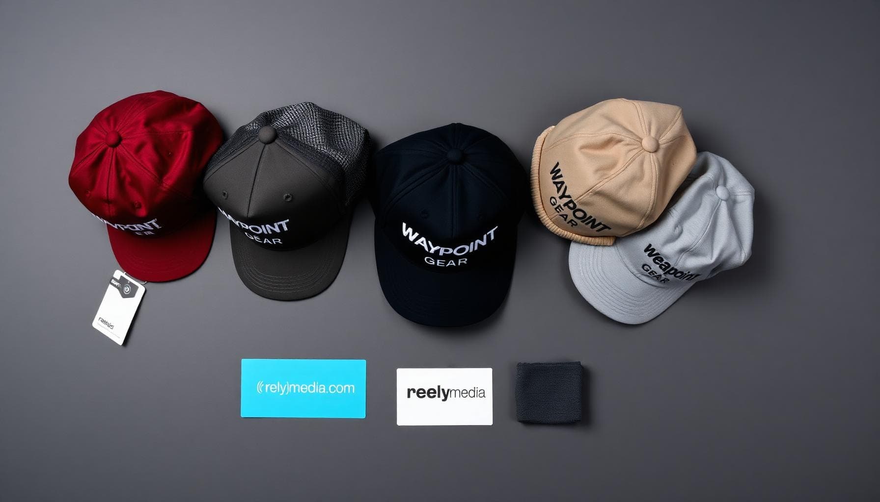 Flatlay of branded hats in different styles — custom headwear options for corporate giveaways