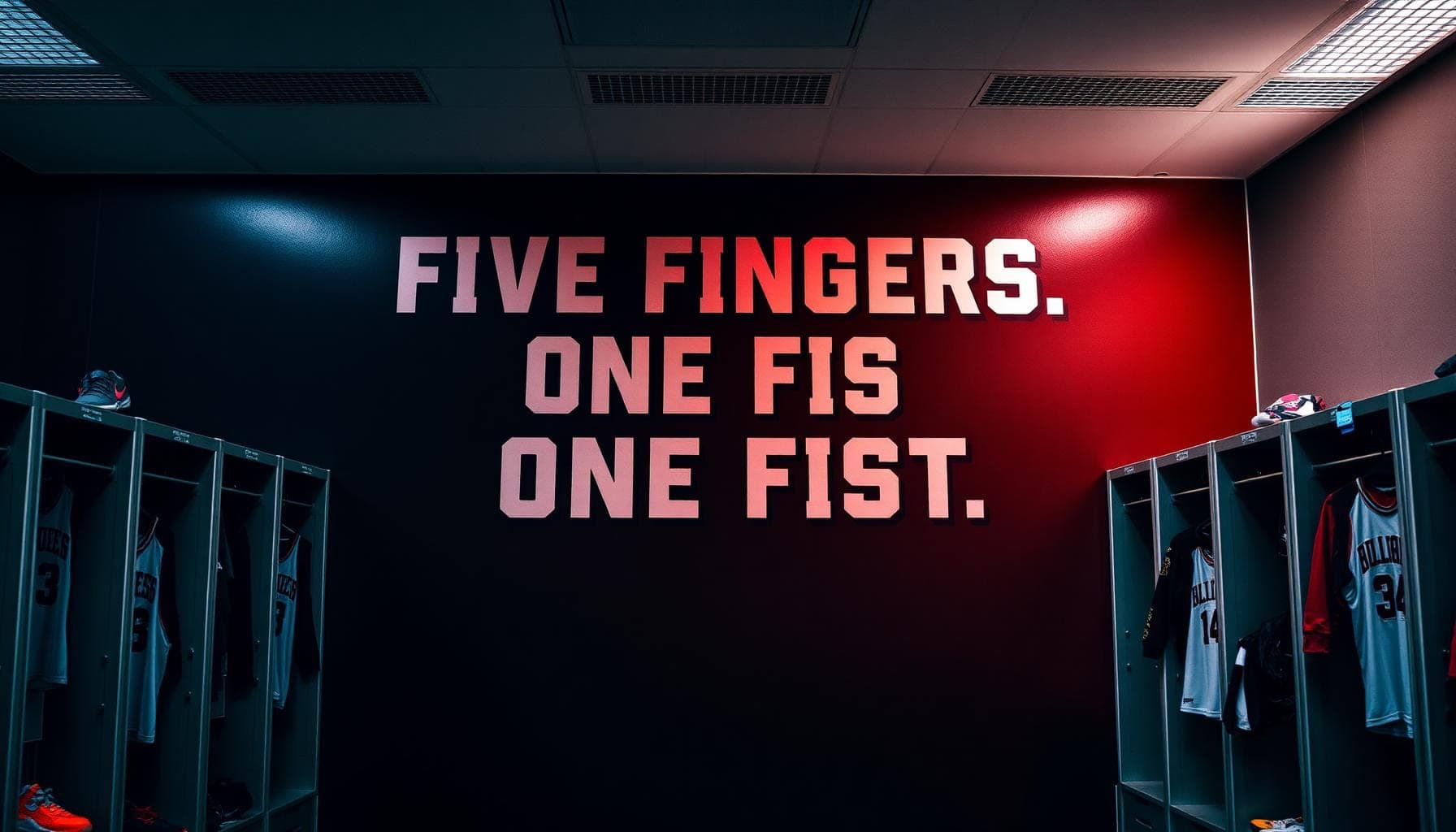 Basketball locker room with team slogan on the wall