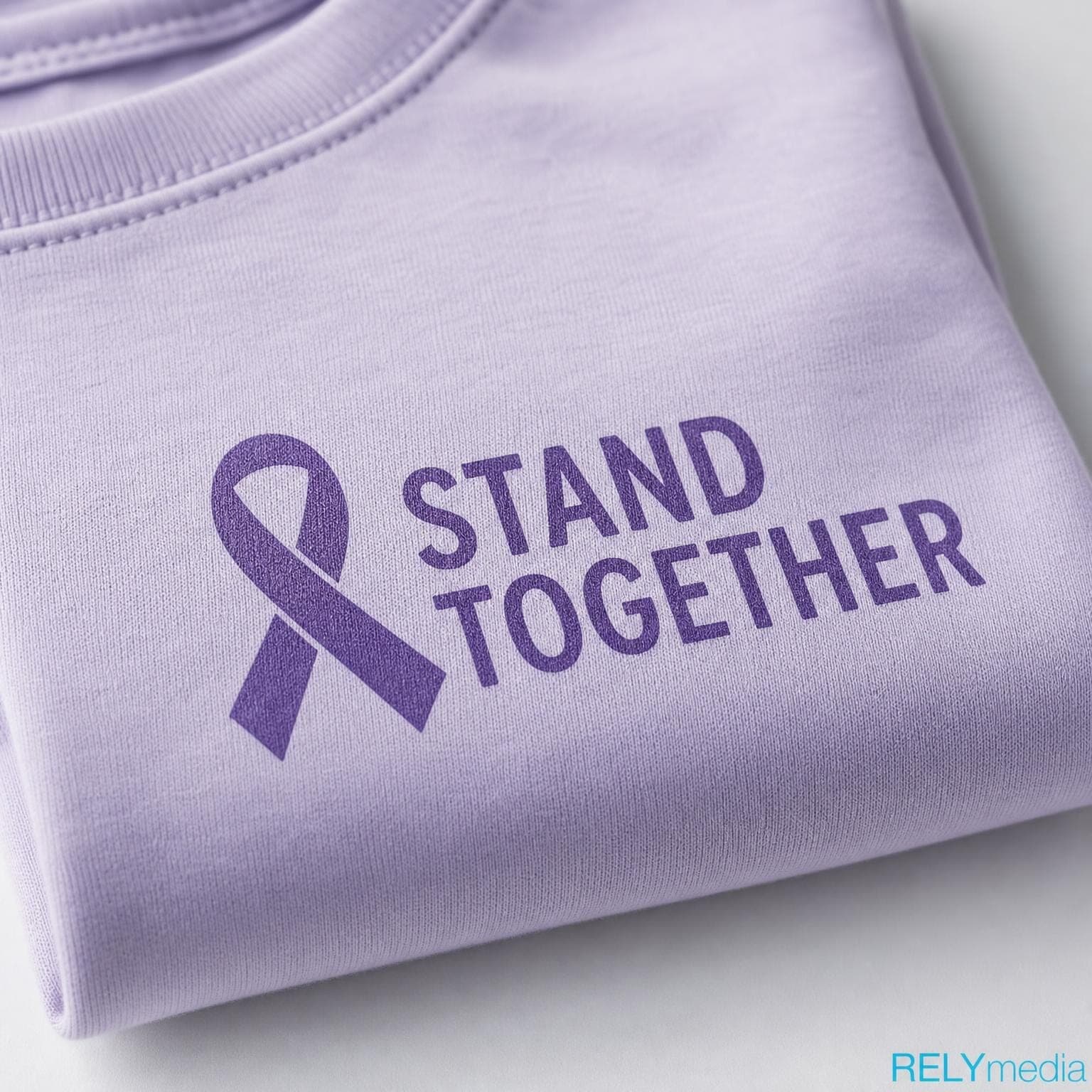 Close-up of a purple awareness ribbon printed on a custom shirt