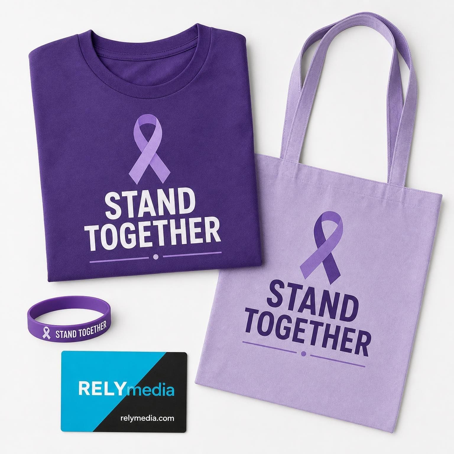 Flat lay comparing purple, lavender and charcoal awareness apparel styles
