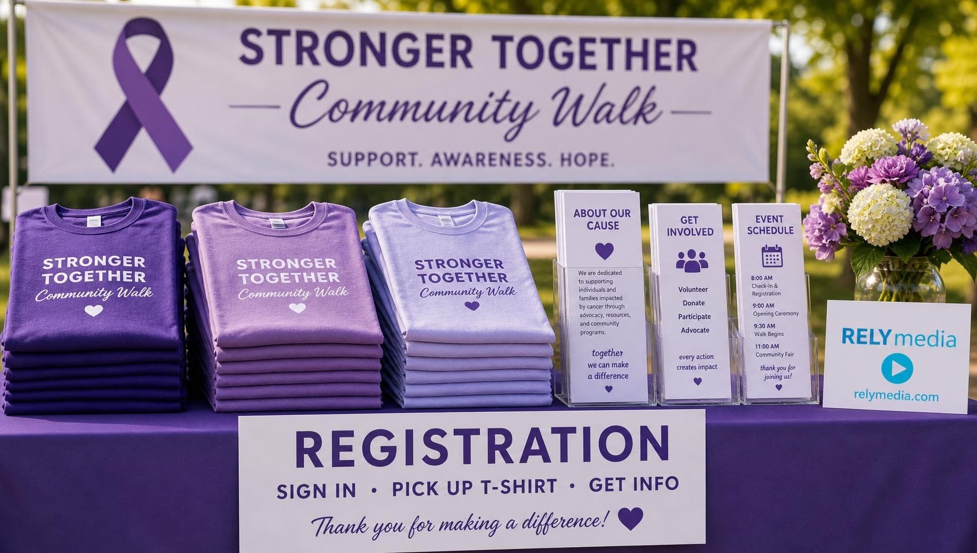 Registration table at a domestic violence awareness fundraiser with branded shirts