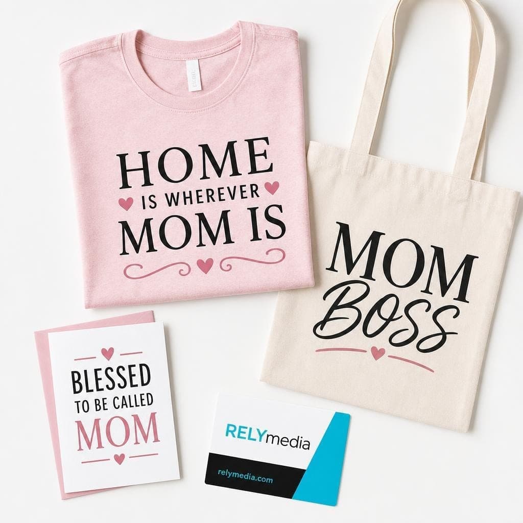 Flat lay comparing custom Mother’s Day T-shirts and personalized tote bags