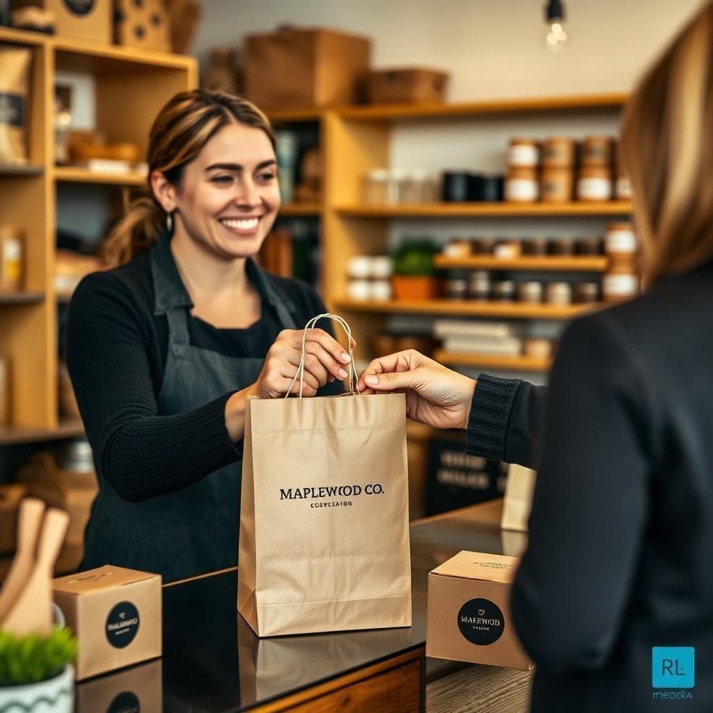 Small business owner handing out a branded giveaway product to a customer