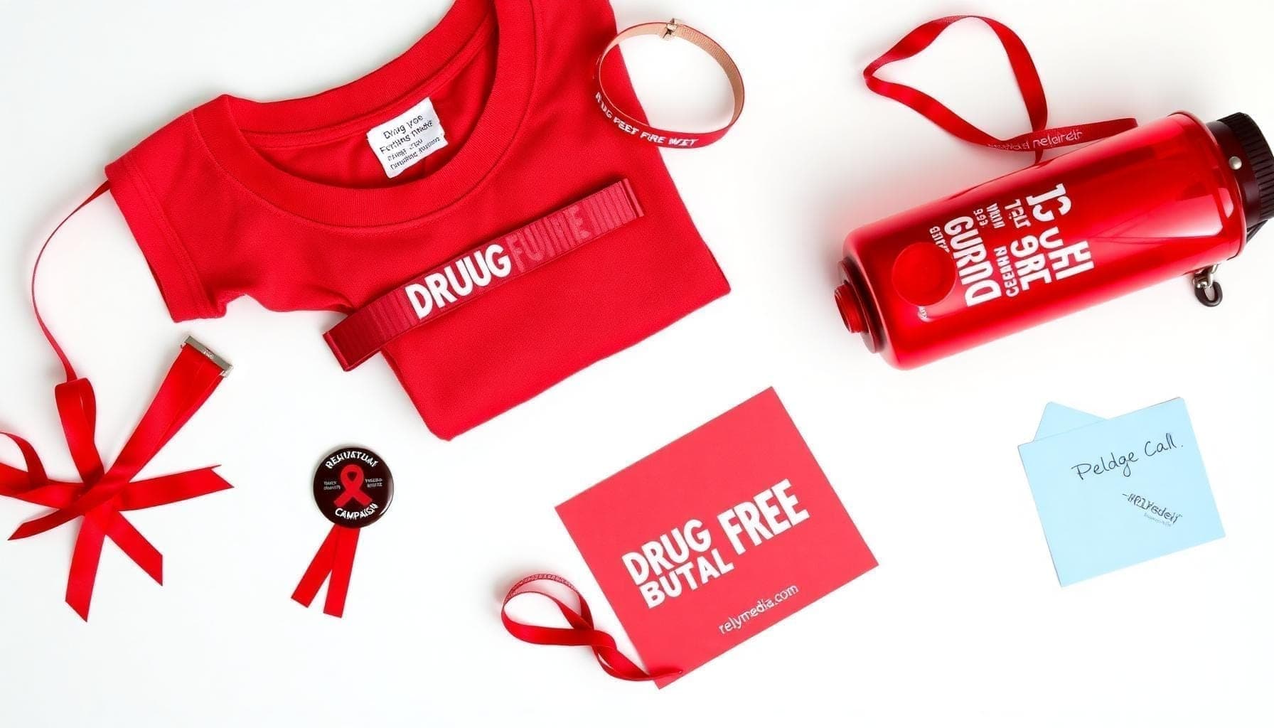 Flatlay of Red Ribbon Week campaign materials β custom branded merchandise for drug prevention