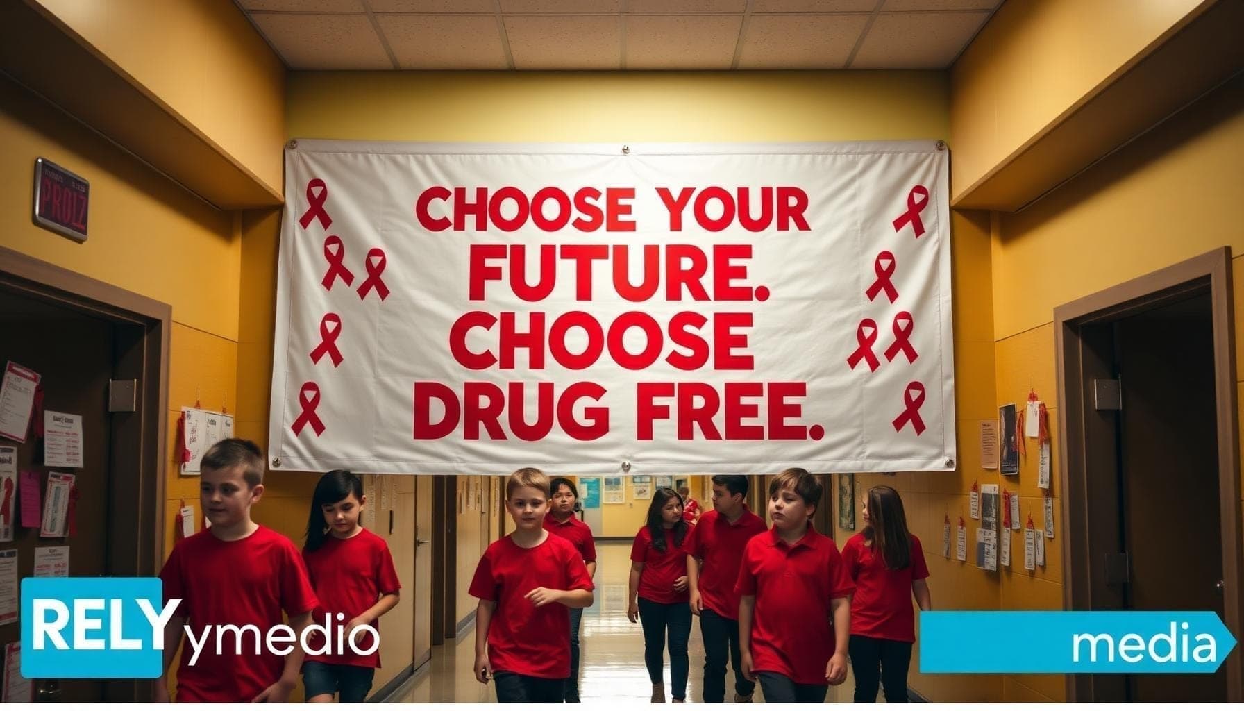 Students participating in Red Ribbon Week campaign with custom promotional merchandise