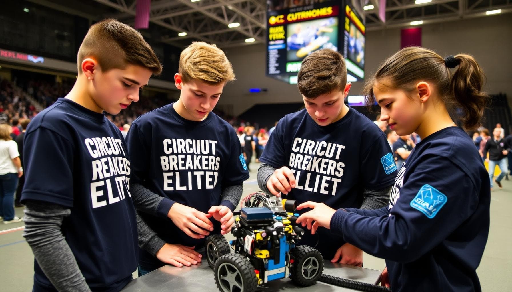 Robotics team competing with custom branded gear and team identity